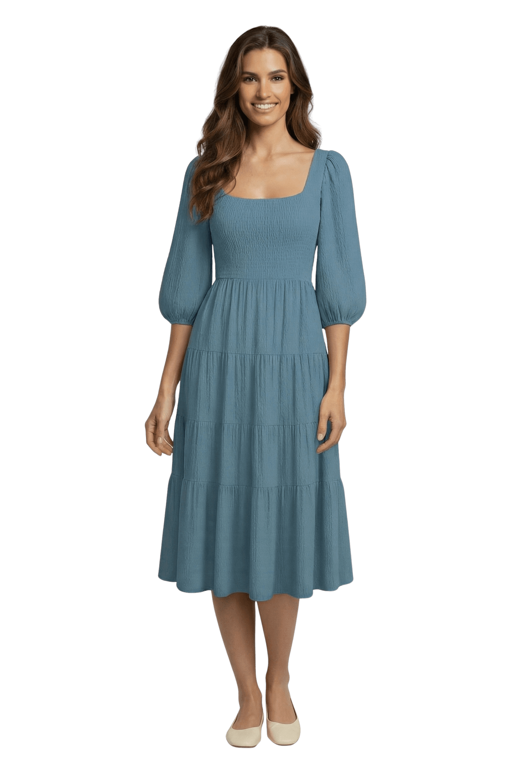 Female model in blue dress